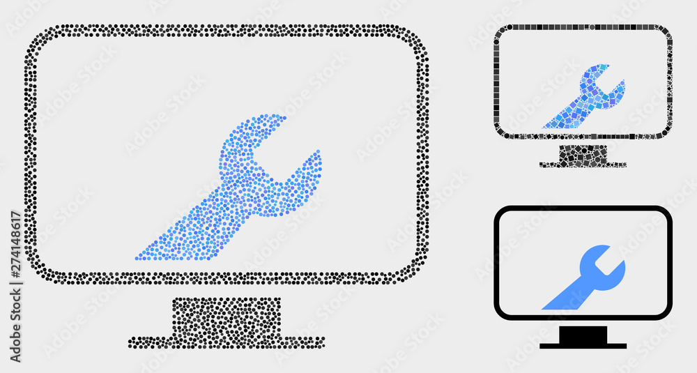 Pixel and mosaic computer settings wrench icons. Vector icon of computer settings wrench formed of scattered circle elements. Other pictogram is formed from small rectangles.