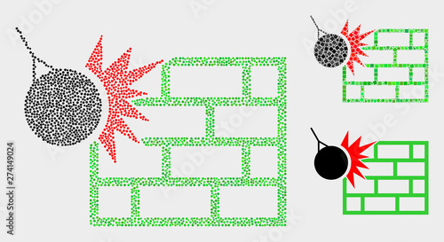 Pixelated and mosaic crush the wall icons. Vector icon of crush the wall organized of scattered spheric dots. Other pictogram is organized from elements.