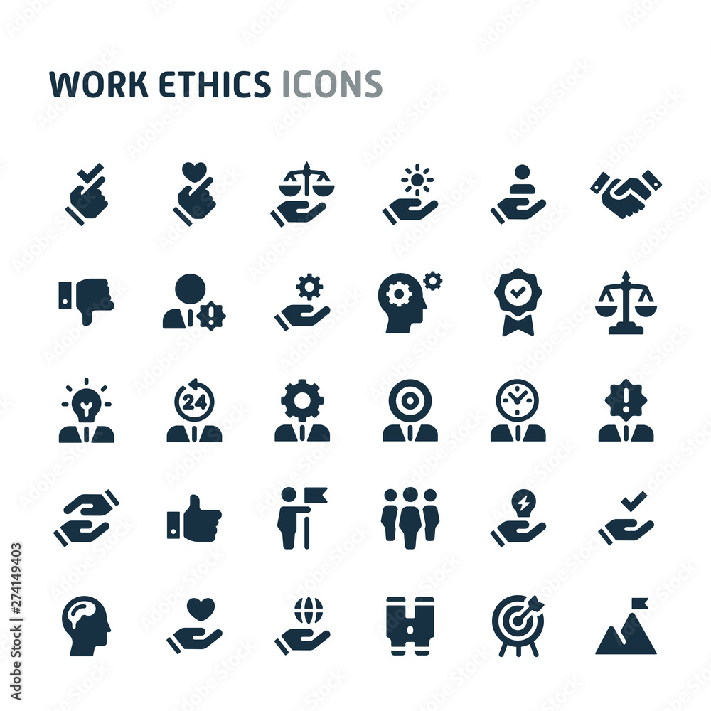 Work Ethics Vector Icon Set. Fillio Black Icon Series.
