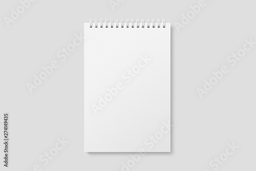 Blank realistic spiral bound notepad mockup on light grey background. High resolution. 