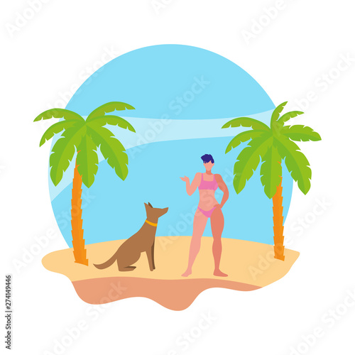 young woman with dog on the beach summer scene © djvstock
