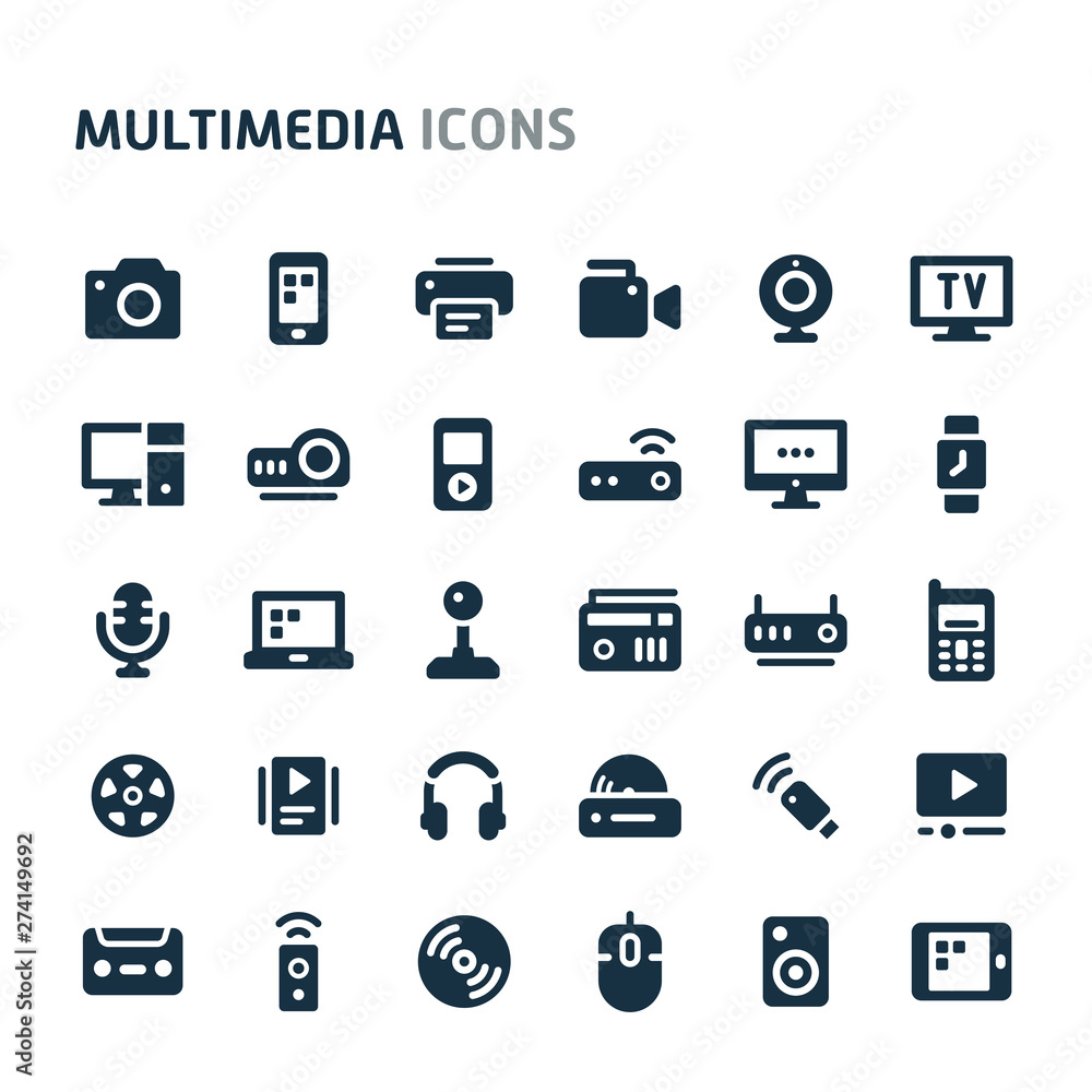 Multimedia Vector Icon Set. Fillio Black Icon Series.