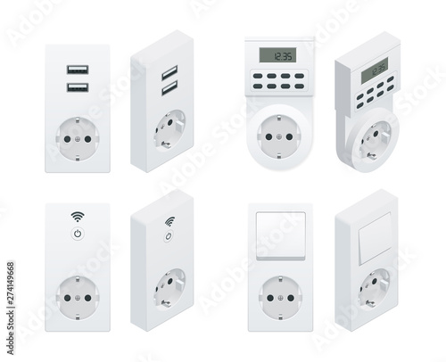 Isometric Switches and sockets set. All types. AC power sockets realistic illustration