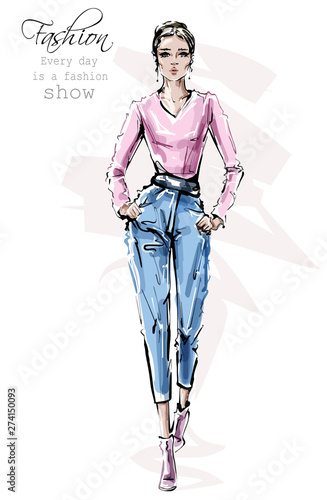 Hand drawn beautiful young woman in fashion clothes. Stylish girl walking. Fashion woman look. Sketch. Vector illustration.