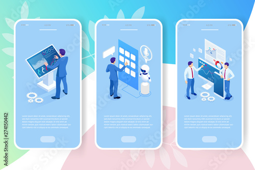 Isometric male in front of the big screen for data analysis. Statistics and business statement, Analytics dashboard, business analysis concept