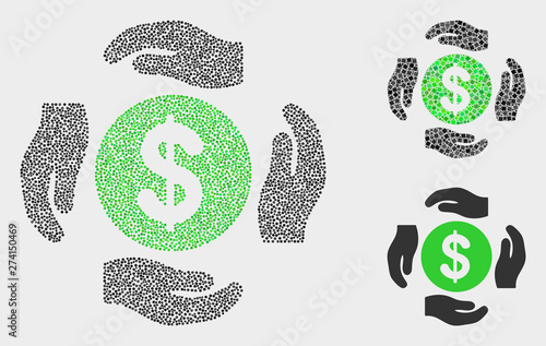 Pixel and mosaic dollar care hands icons. Vector icon of dollar care hands created of scattered round dots. Other pictogram is created from square particles.
