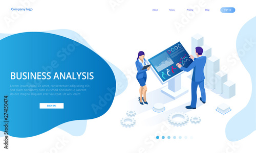 Isometric male in front of the big screen for data analysis. Statistics and business statement, Analytics dashboard, business analysis concept