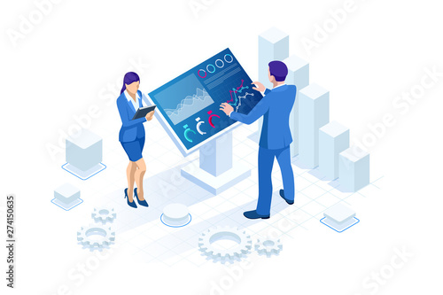 Isometric male in front of the big screen for data analysis. Statistics and business statement, Analytics dashboard, business analysis concept