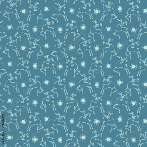 Hand drawn abstract Christmas reindeer pattern. Leaping stag deer on green background. Cute winter holiday all over print. Festive gift wrapping paper illustration. Scandi seamless vector swatch. 