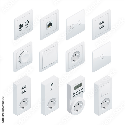 Isometric Switches and sockets set. All types. AC power sockets realistic illustration
