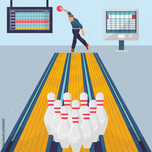 Bowling game banner template. Vector flat design illustration of bowler player with ball and skittles on bowling alley in a sport club with result monitors.