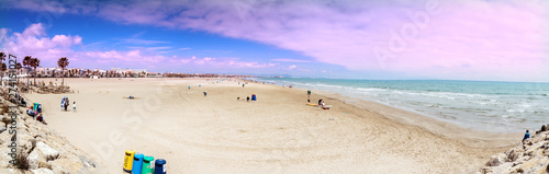 Valencia, Spain - April 29, 2019: Panoramic view of the Malvarrosa beach in Valencia.