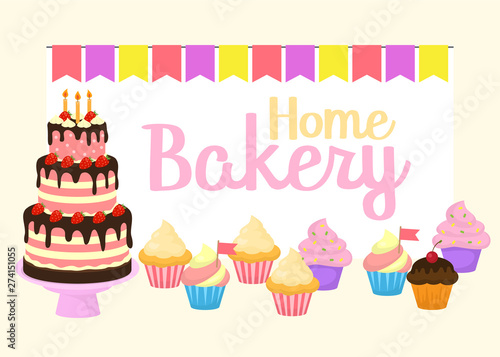 Home bakery vector illustration of birthday cake  capcake and sweets . Colorful party flags and letters. Design idea for poster  cards and advertisment.