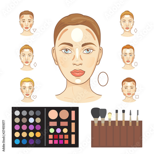 Vector infographic of woman faces highlighting makeup trend - strobing. Faces with different highlighted zones for cosmetic correction and make-up set, brushes, tones, colors.