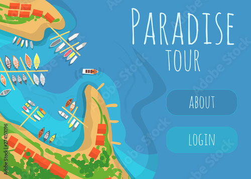 Paradise tour to tropical seacoast web banner. Beach with palms, chaise lounge and yachts in ocean flat vector illustration. Vacation in exotic countries concept for travel company landing page