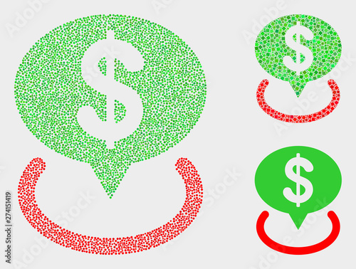 Dot and mosaic dollar placement icons. Vector icon of dollar placement designed of scattered round pixels. Other pictogram is designed from square pixels.