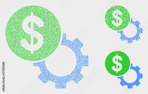 Dotted and mosaic dollar setup gear icons. Vector icon of dollar setup gear combined of irregular circle dots. Other pictogram is combined from square dots.