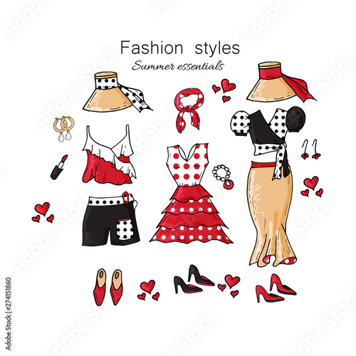 Fashion polka dot summer clothes collections. Paris fashion looks, pin up style.