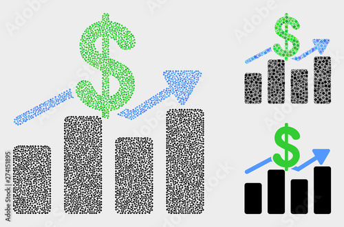 Dot and mosaic dollar trends icons. Vector icon of dollar trends constructed of scattered circle pixels. Other pictogram is organized from square pixels.