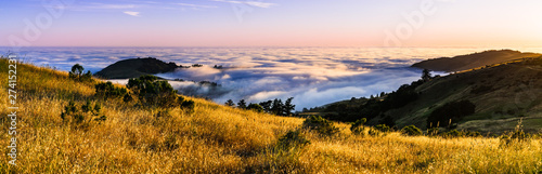Panoramic view at sunset of valley covered in a sea of clouds in the Santa Cruz mountains  San Francisco bay area  California
