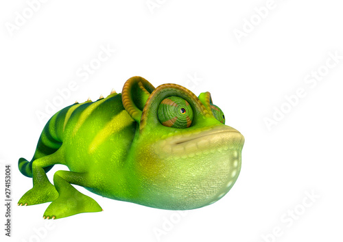 chameleon cartoon is crouched  in a white background photo