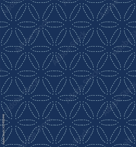 Indigo blue sashiko style japanese embroidery pattern. Hand running stitch line texture textile print. Classic hana zashi motif Japan decor. Asian kimono quilting template. Seamless vector backdrop