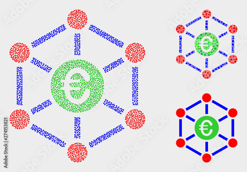 Pixel and mosaic euro network icons. Vector icon of euro network constructed of irregular circle dots. Other pictogram is formed from dots.