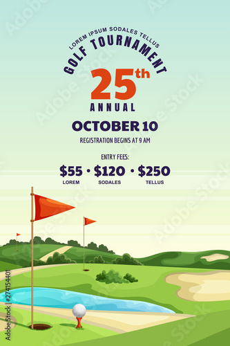 Golf tournament, poster, banner design template. Vector illustration of golf course. Summer landscape background