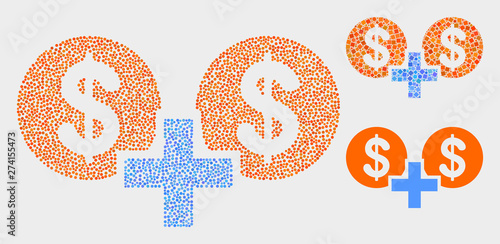 Dot and mosaic financial sum icons. Vector icon of financial sum formed with scattered circle elements. Other pictogram is formed from rectangle elements.