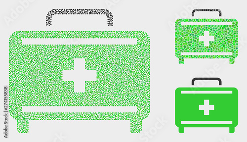 Pixelated and mosaic first aid case icons. Vector icon of first aid case organized of scattered circle pixels. Other pictogram is organized from rectangle elements.