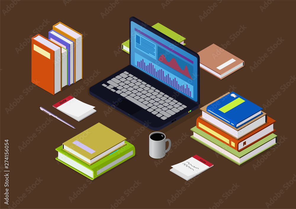 isometric pile of books with laptop, coffee, and pen