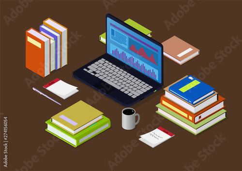 isometric pile of books with laptop, coffee, and pen