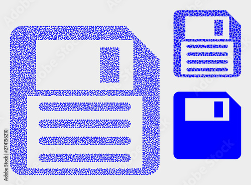 Dot and mosaic floppy disk icons. Vector icon of floppy disk organized of irregular spheric elements. Other pictogram is formed from elements. photo