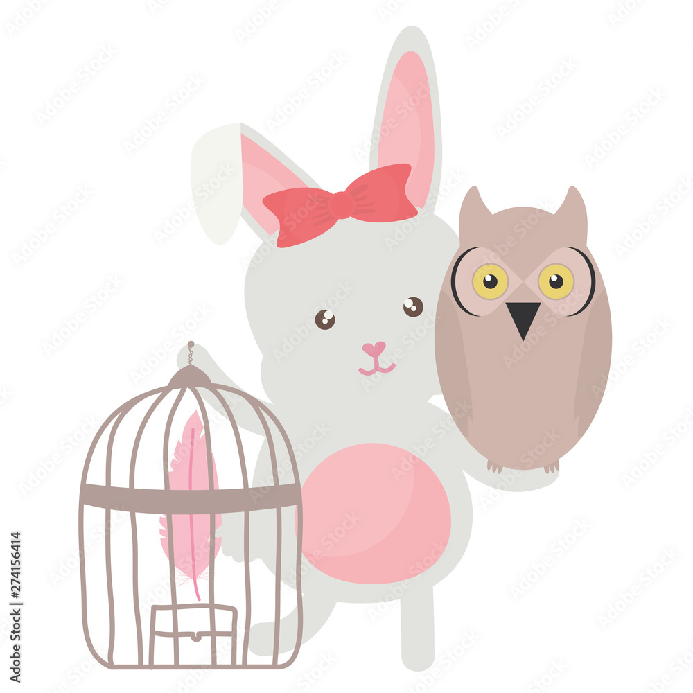 owl bird with rabbit and cage bohemian style owl bird with rabbit and cage bohemian style