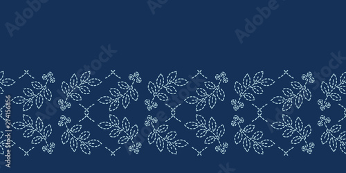 Floral leaf motif sashiko style japanese needlework border pattern. Hand stitch indigo blue line ribbon banner. Classic Japan decor. Asian washi tape. Simple kimono quilting template. Seamless vector