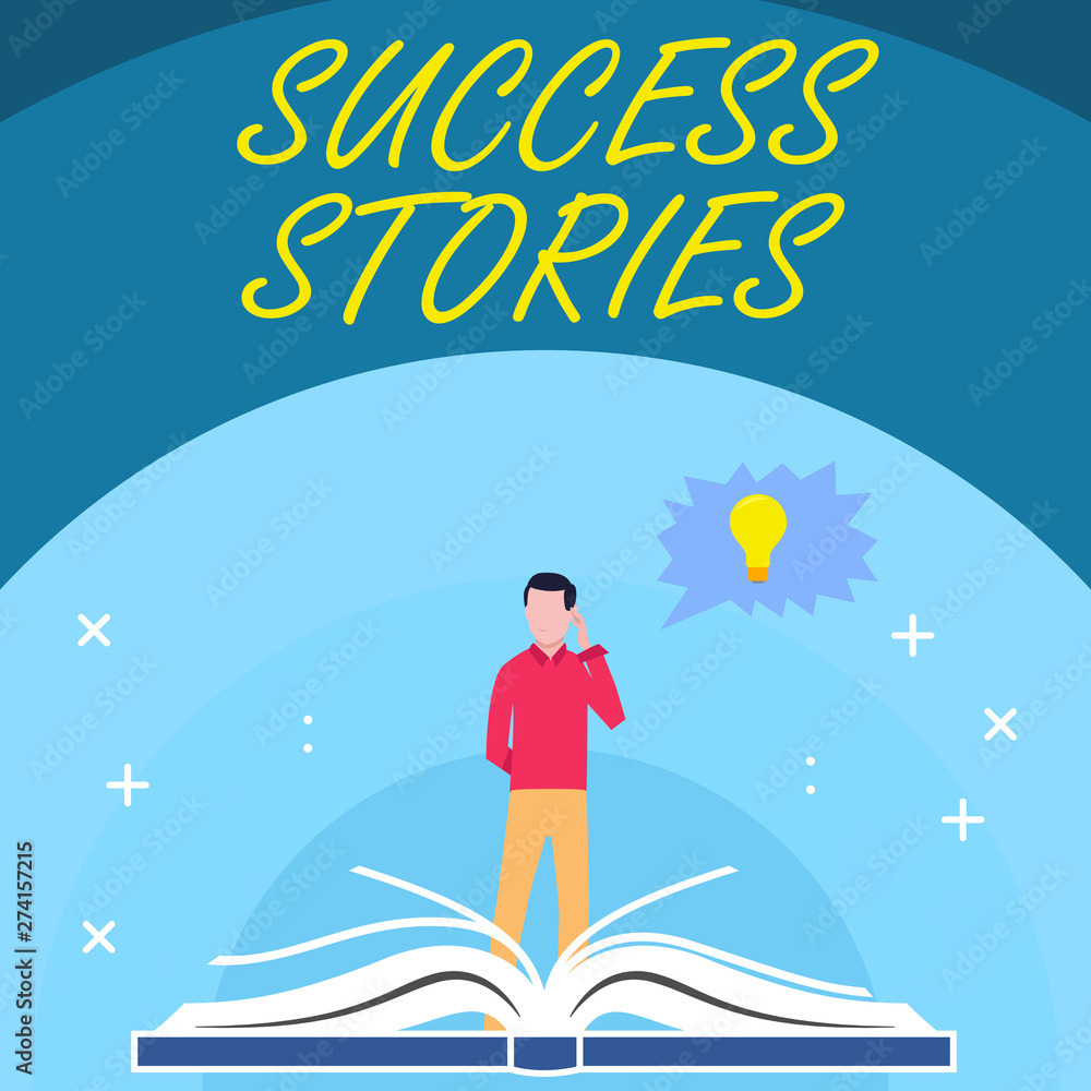 Handwriting text Success Stories. Conceptual photo story demonstrating who rises to fortune or brilliant achievement Man Standing Behind Open Book, Hand on Head, Jagged Speech Bubble with Bulb Handwriting text Success Stories. Conceptual photo story demonstrating who rises to fortune or brilliant achievement Man Standing Behind Open Book, Hand on Head, Jagged Speech Bubble with Bulb