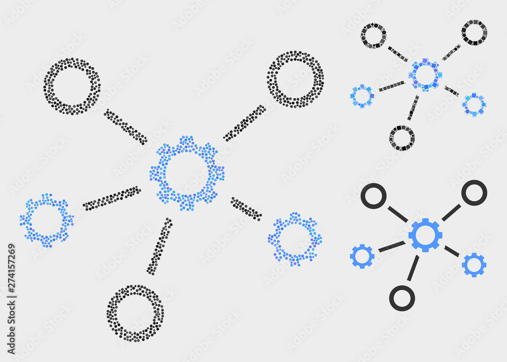 Pixel and mosaic gear links icons. Vector icon of gear links formed of irregular circle items. Other pictogram is formed from rectangle elements. Pixel and mosaic gear links icons. Vector icon of gear links formed of irregular circle items. Other pictogram is formed from rectangle elements.