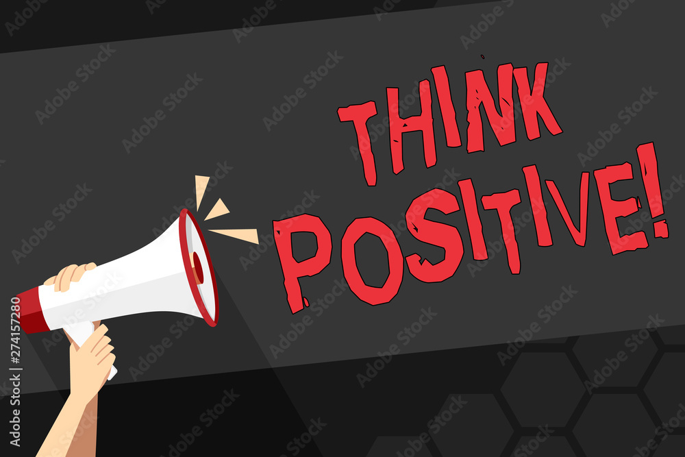 Fototapeta premium Text sign showing Think Positive. Business photo showcasing mental attitude in wich you expect good and favorable results Human Hand Holding Tightly a Megaphone with Sound Icon and Blank Text Space