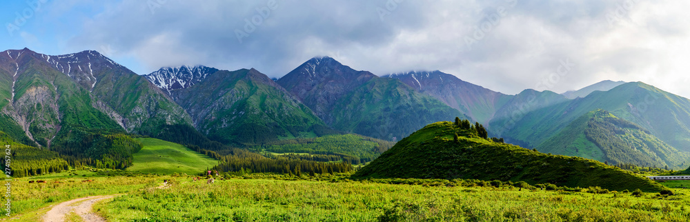 Panorama of a mountain valley in the summer. Fabulous sunset in the mountains, amazing nature, a mountain range. The road leads to the depths of the mountains. Travel and camping, tourism