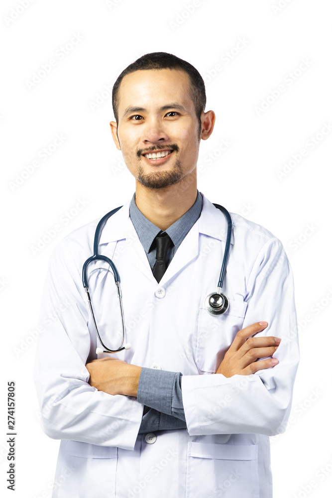 Asian male smiling doctor in white uniform standing with stethoscope. Asian male smiling doctor in white uniform standing with stethoscope.
