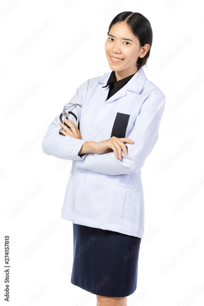 Asian smiling doctor in white uniform standing with stethoscope. Asian smiling doctor in white uniform standing with stethoscope.