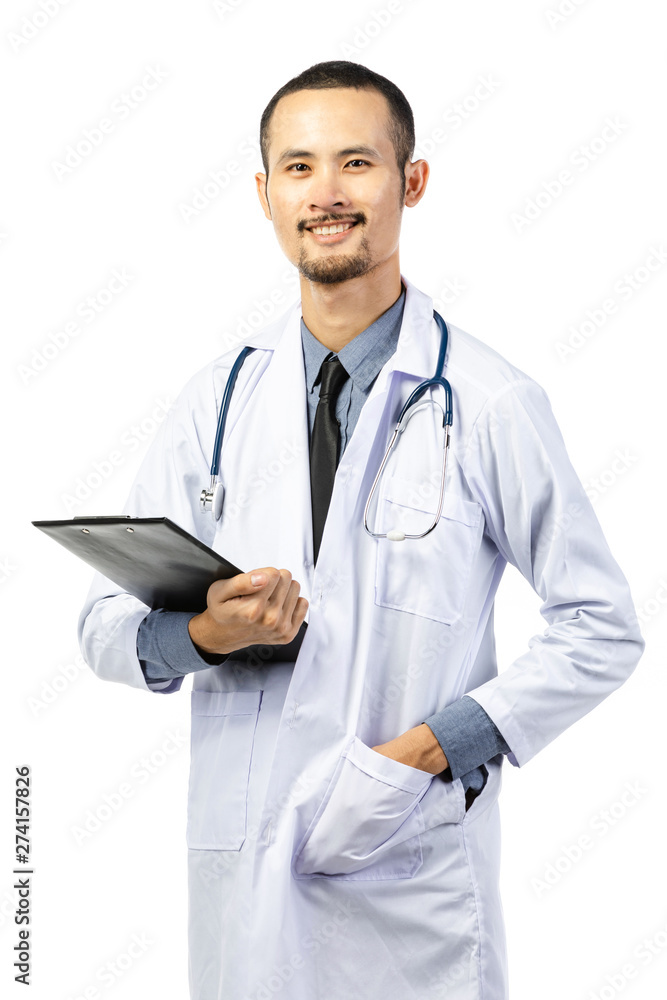 Asian male smiling doctor in white uniform standing with stethoscope. Asian male smiling doctor in white uniform standing with stethoscope.