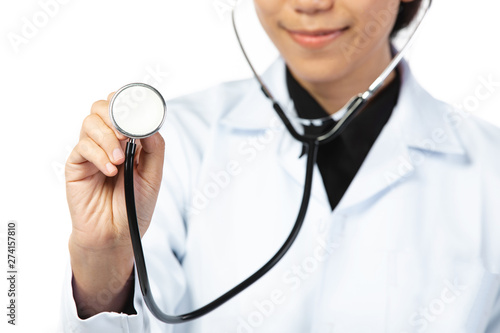 Asian smiling doctor in white uniform standing with stethoscope.