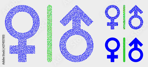 Dot and mosaic gender symbols icons. Vector icon of gender symbols constructed of random circle dots. Other pictogram is combined from square dots.