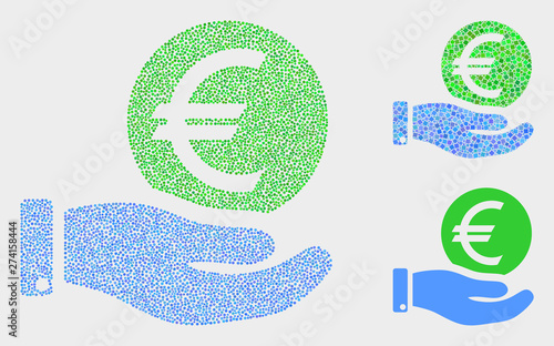 Pixelated and mosaic hand offer euro coin icons. Vector icon of hand offer euro coin created of scattered round dots. Other pictogram is composed from square dots.