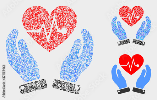 Pixel and mosaic heart surgery care hands icons. Vector icon of heart surgery care hands formed of scattered round dots. Other pictogram is formed from small squares.