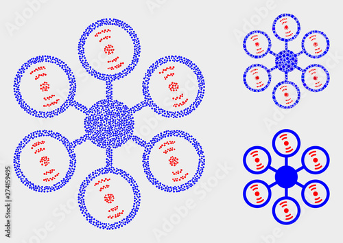 Dot and mosaic hexacopter icons. Vector icon of hexacopter designed of irregular circle items. Other pictogram is organized from square dots.