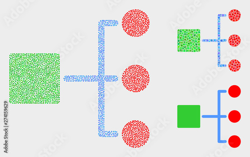 Dotted and mosaic hierarchy icons. Vector icon of hierarchy designed of random circle elements. Other pictogram is composed from rectangle elements.