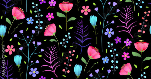 Meadow flowers flat vector seamless pattern on Black