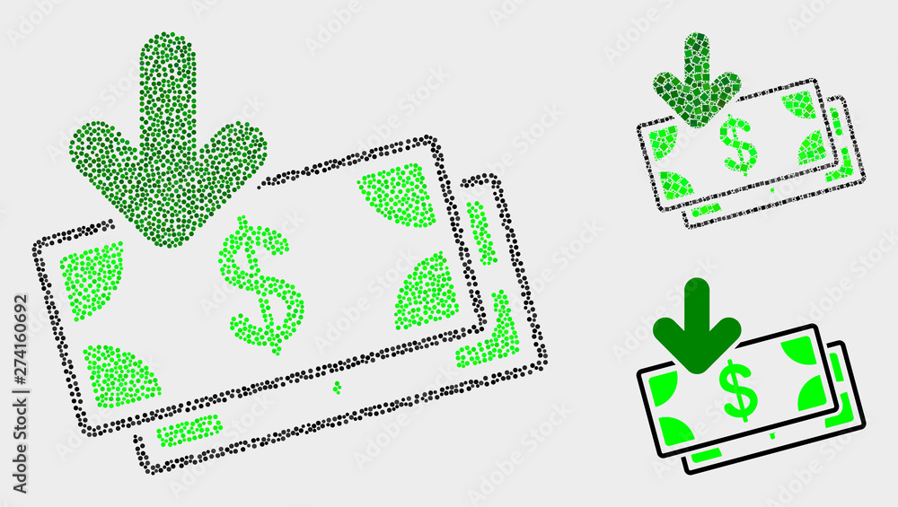 Dot and mosaic income banknotes icons. Vector icon of income banknotes designed of randomized spheric dots. Other pictogram is constructed from rectangle elements. Dot and mosaic income banknotes icons. Vector icon of income banknotes designed of randomized spheric dots. Other pictogram is constructed from rectangle elements.